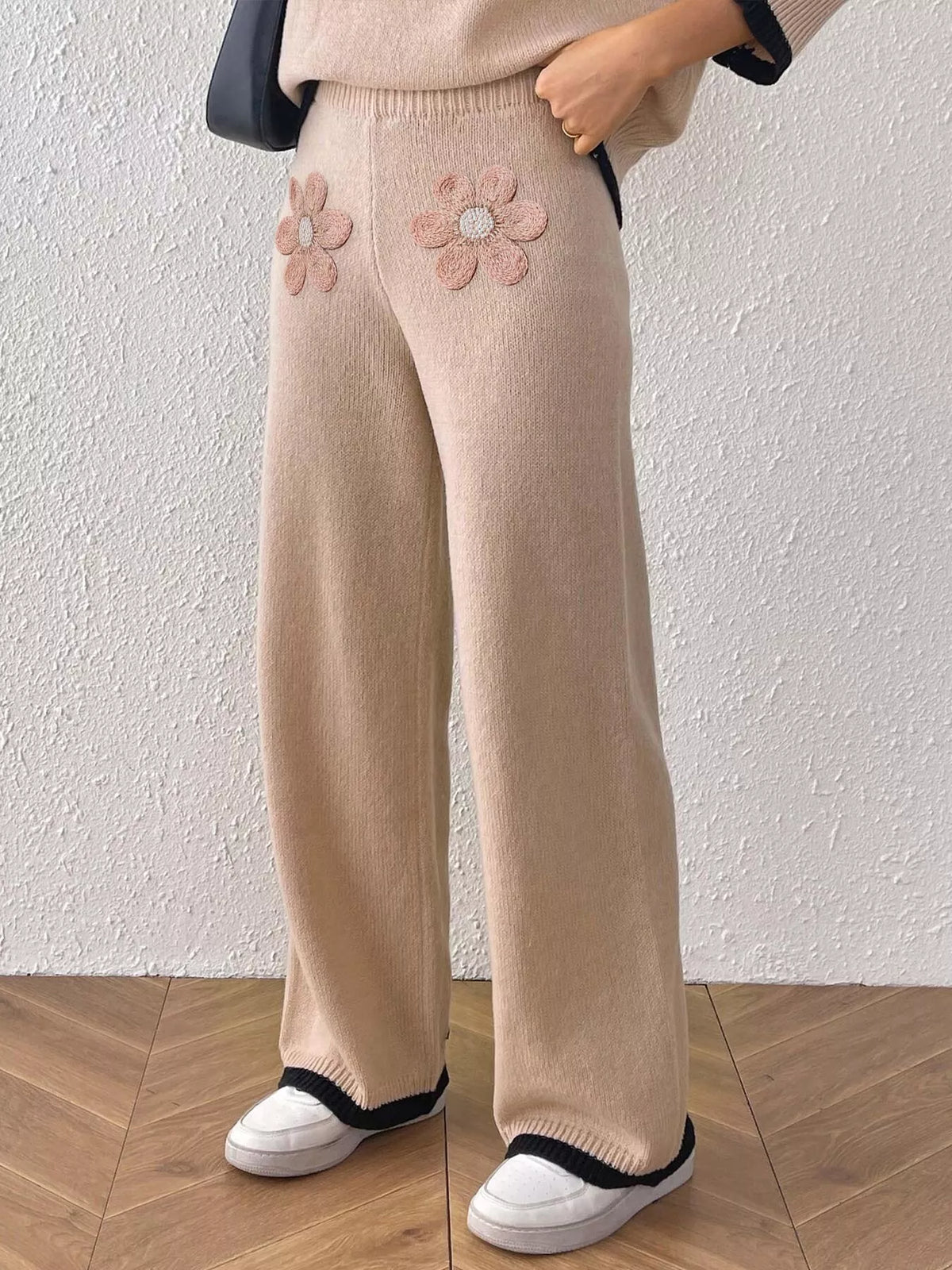 Trendsi Floral Applique High-Waisted Wide-Leg Sweater Pants -