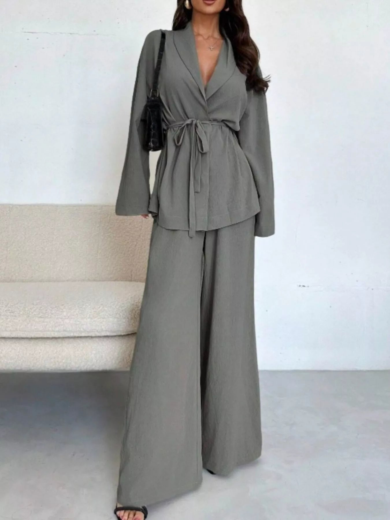 Trendsi Textured Tie Waist Top and Wide-Leg Pants Set -