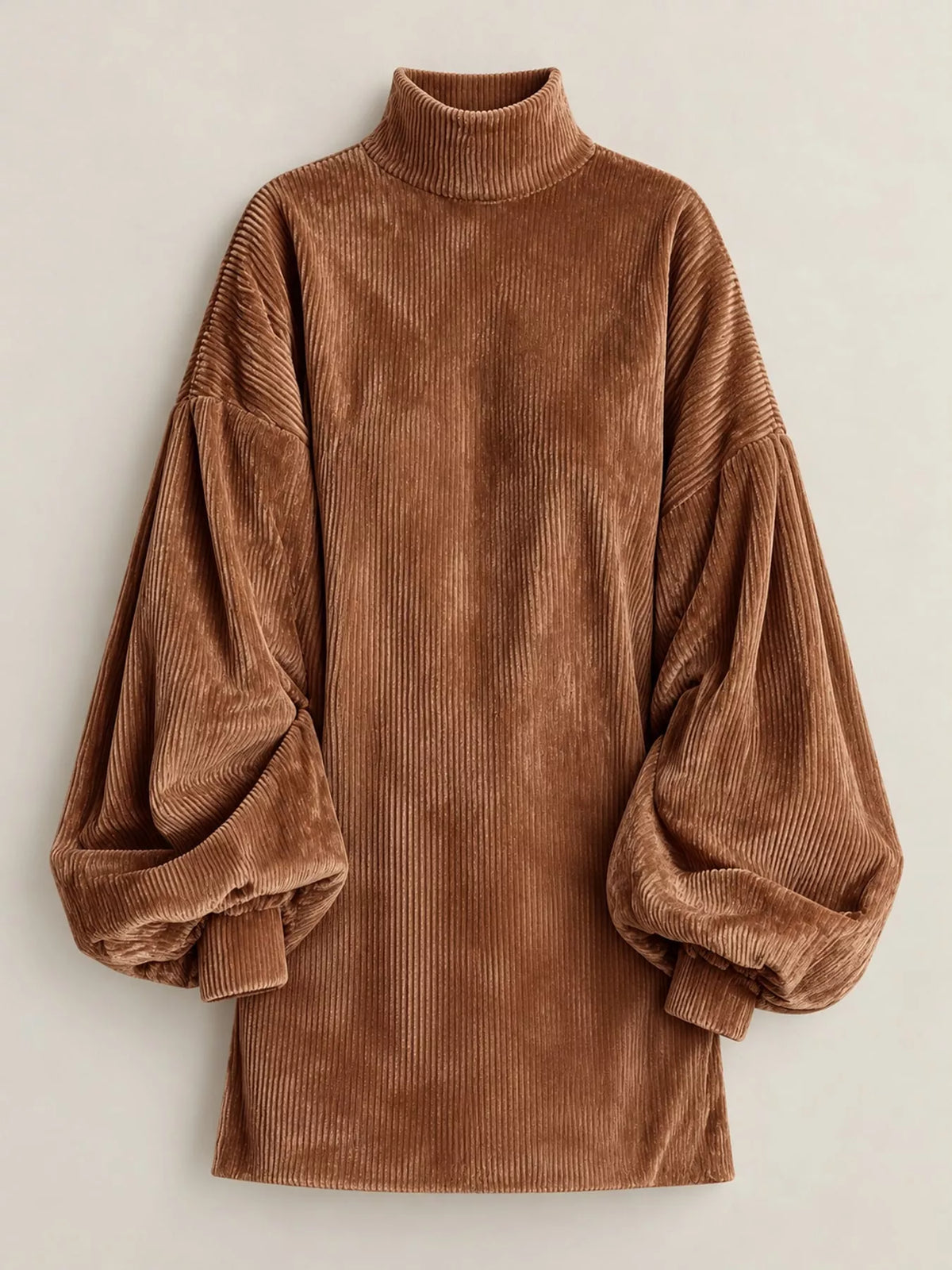 Brown corduroy mock neck lantern sleeve mini dress