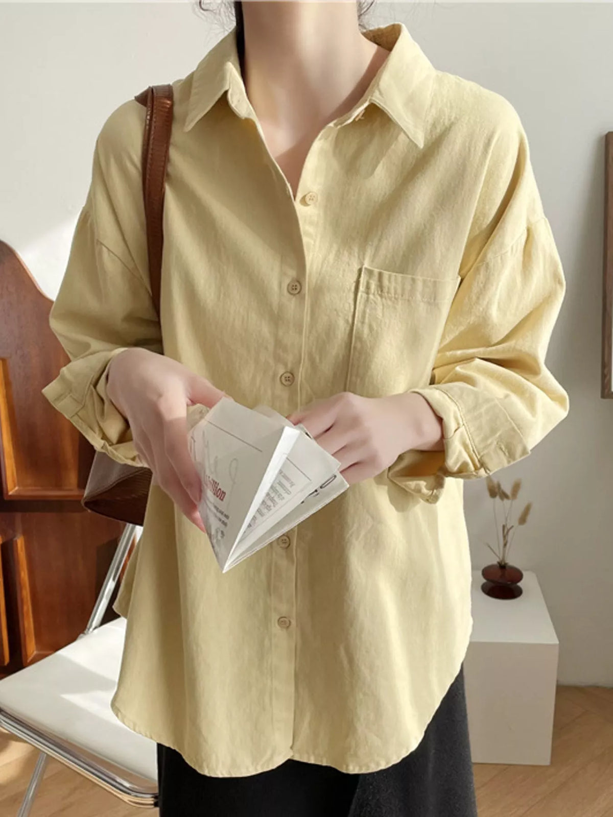 Yellow oversized button-down long sleeve shirt