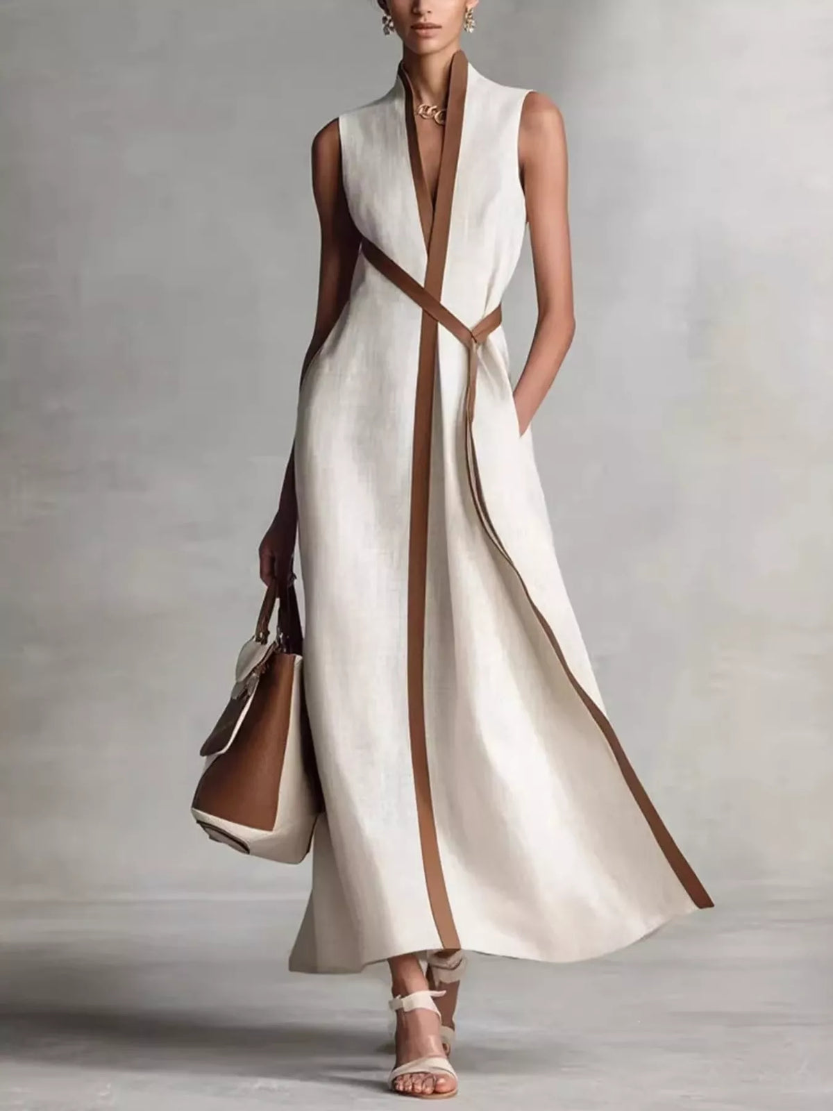 Cream sleeveless wrap maxi dress, front view