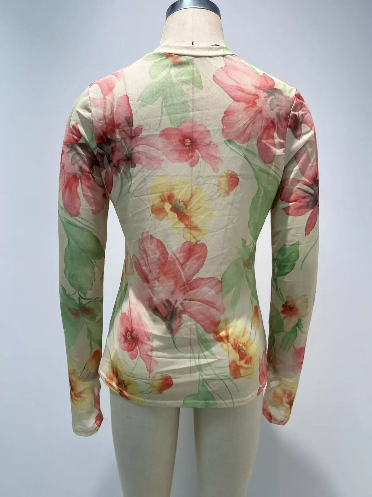 Beige floral print sheer mesh long sleeve t-shirt