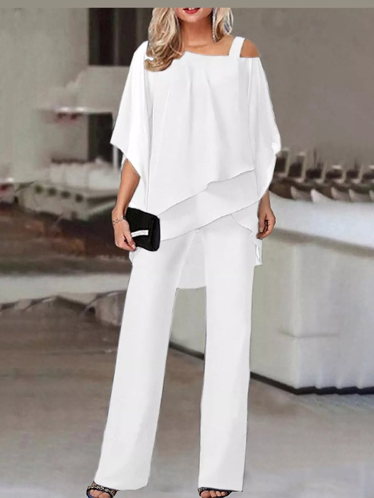 Cold-Shoulder Layered Top and Wide-Leg Pants Set — front view
