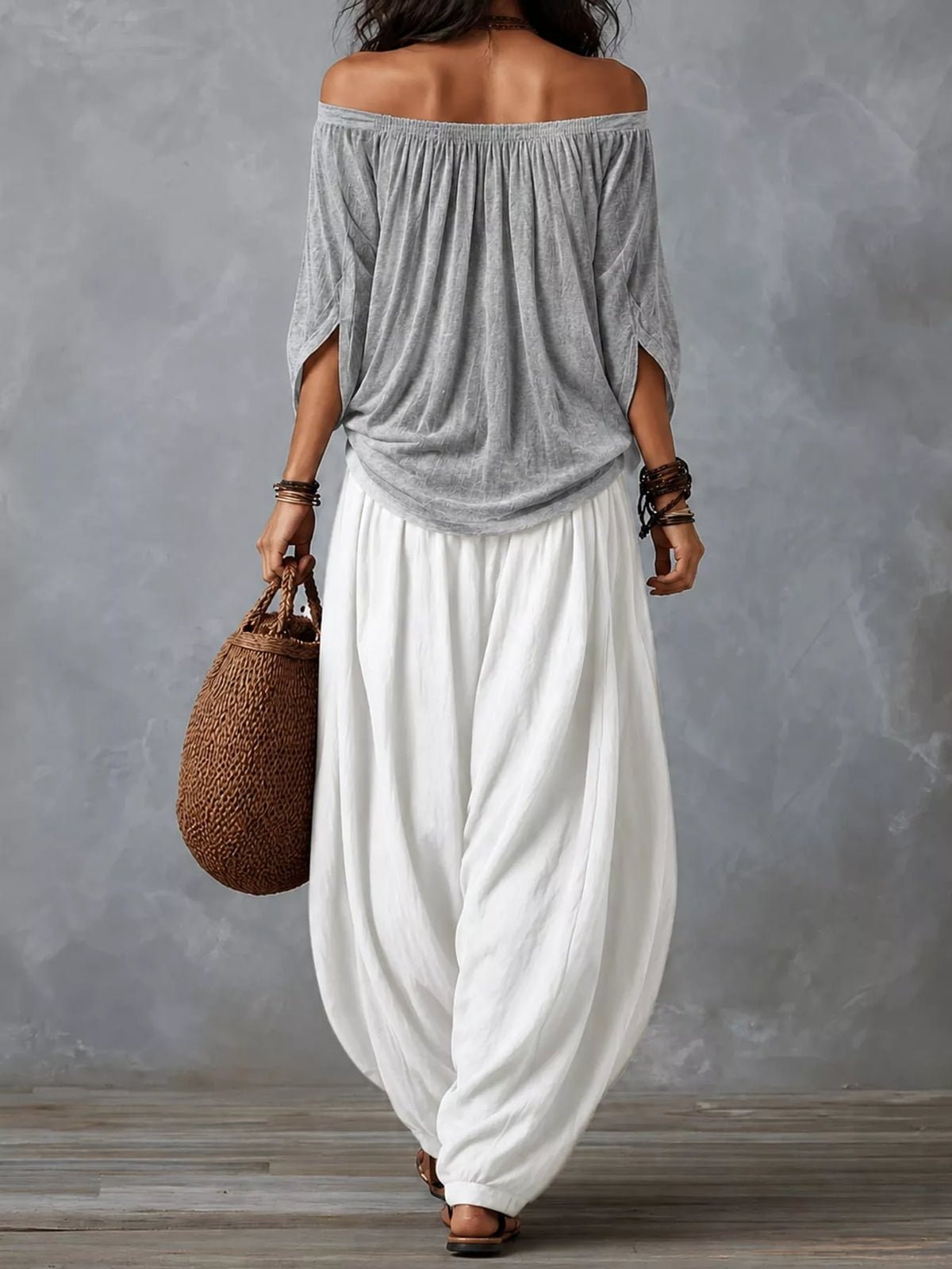 Gray top and white pants off-shoulder top and wide-leg harem pants set — back view
