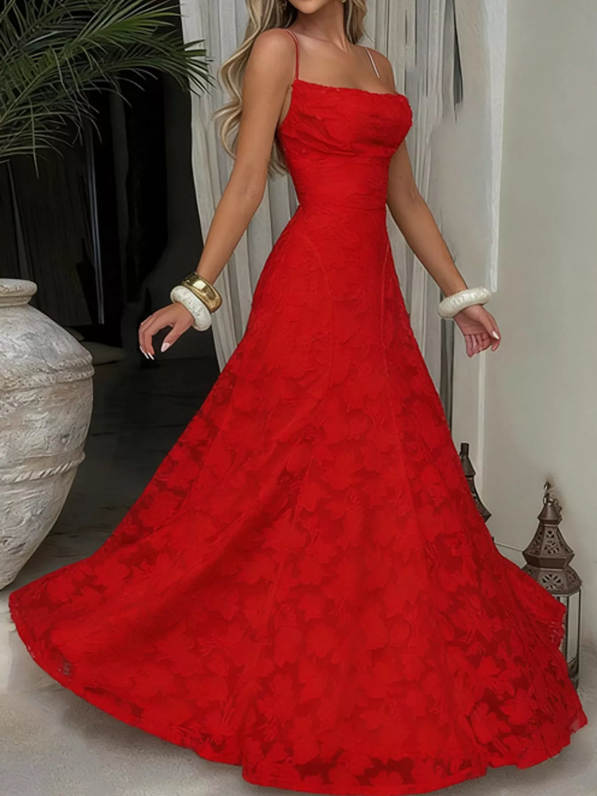 Red backless lace maxi dress, front view