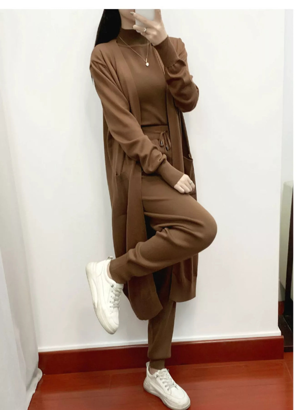 Sleeveless Top and Drawstring Joggers Sweater Set with Long Cardigan — front view