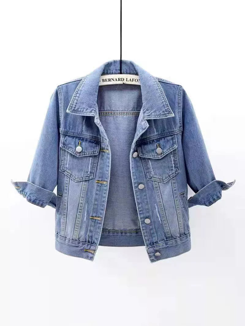 Light blue washed denim mid-sleeve jacket