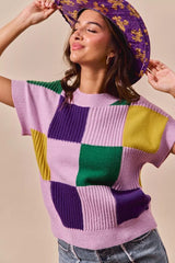 Trendsi SO ME Mardi Gras Check Plaid Casual Sweater Top -