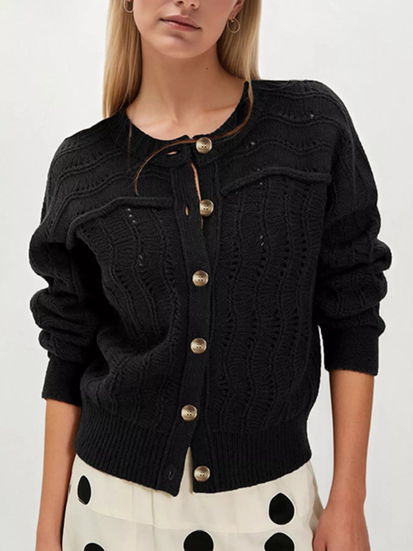 Trendsi Openwork Button-Down Knit Cardigan -