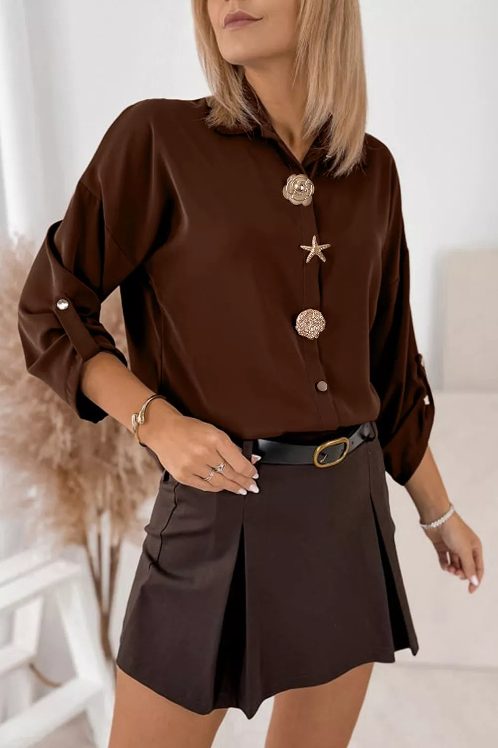 Trendsi Multi Button Decoration Tab Long Sleeve Casual Shirt -