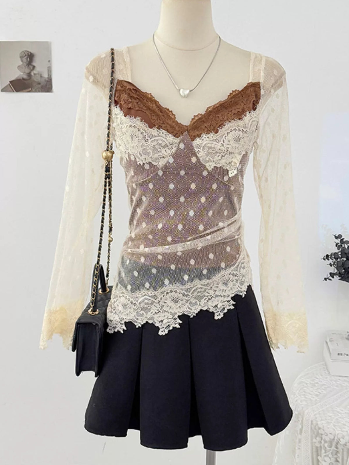 Vintage Lace Contrast Blouse with Polka Dot Mesh Sleeves in apricot