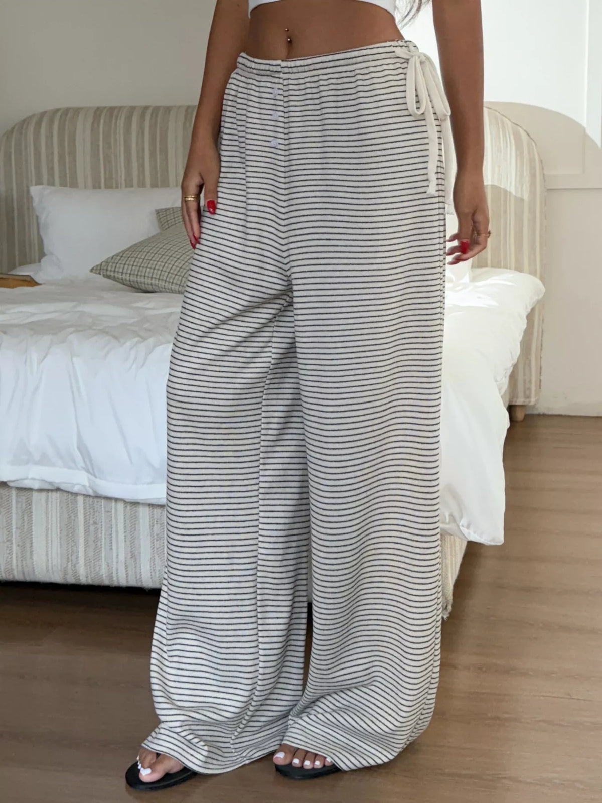 Striped Wide-Leg Pants in beige, front view