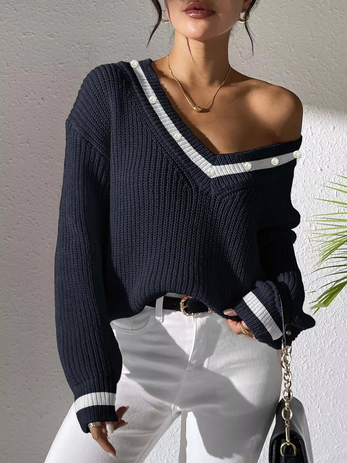 V-neck contrast-trim sweater with pearl decor in navy, off-shoulder styling view
