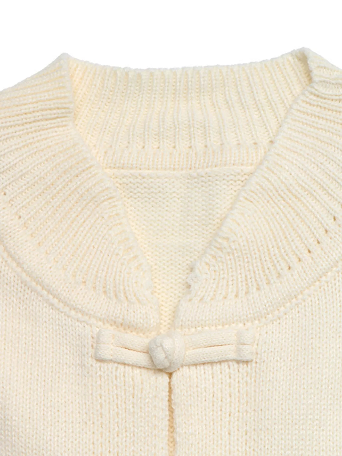 Cream Chinese knot button cardigan with sleeve stripes, collar detail