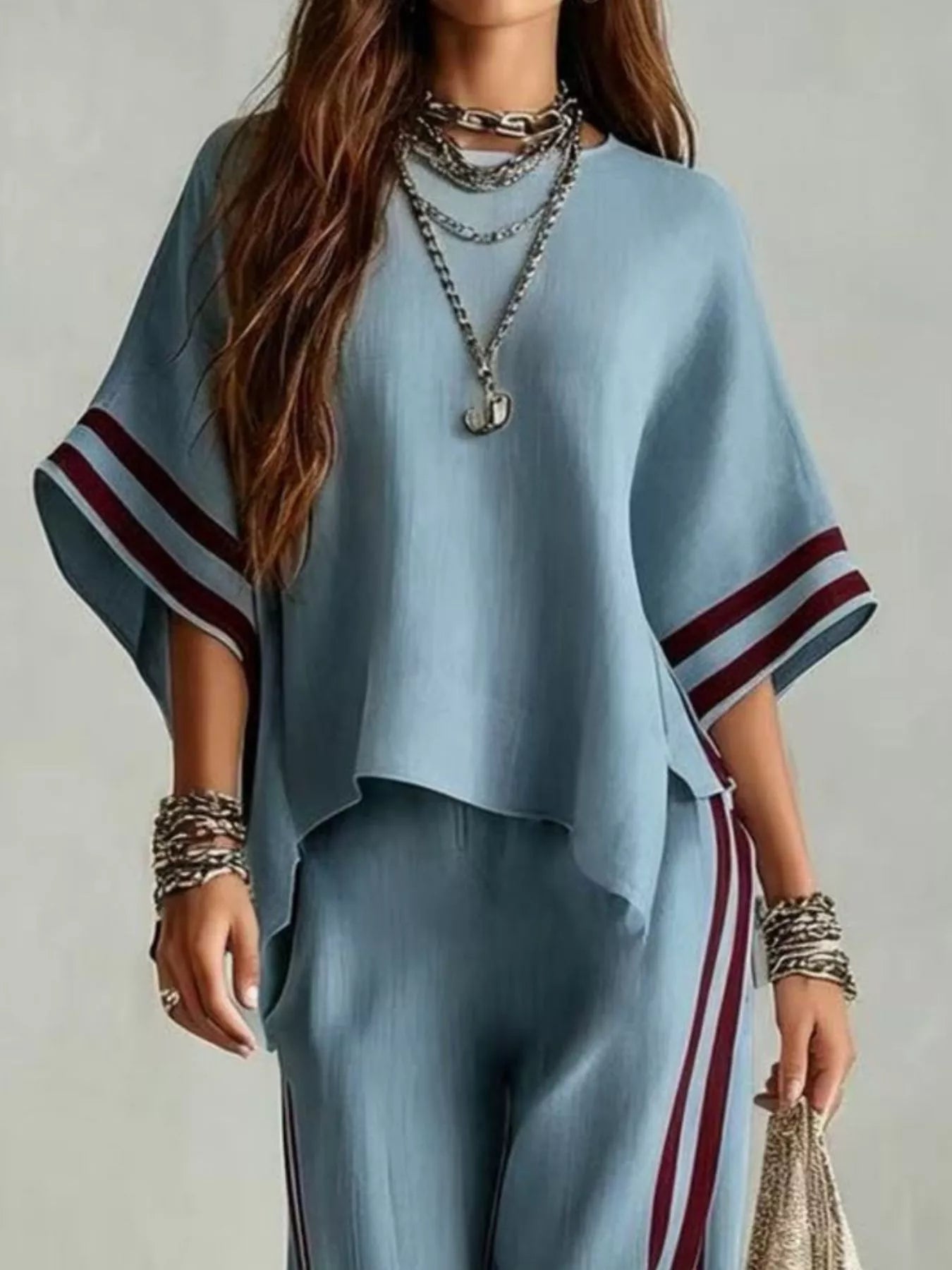 Trendsi Full Size Striped 3/4 Sleeve Top and Pants Set Plus Size -