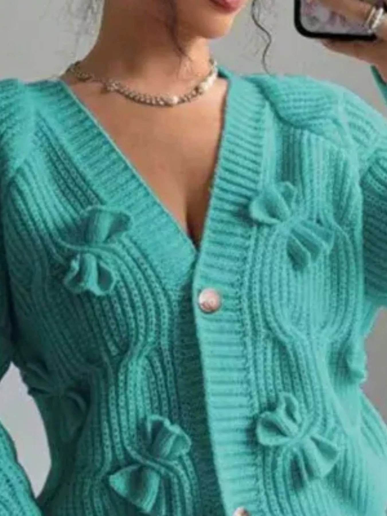 Trendsi Bow Cable Knit V-Neck Cardigan -