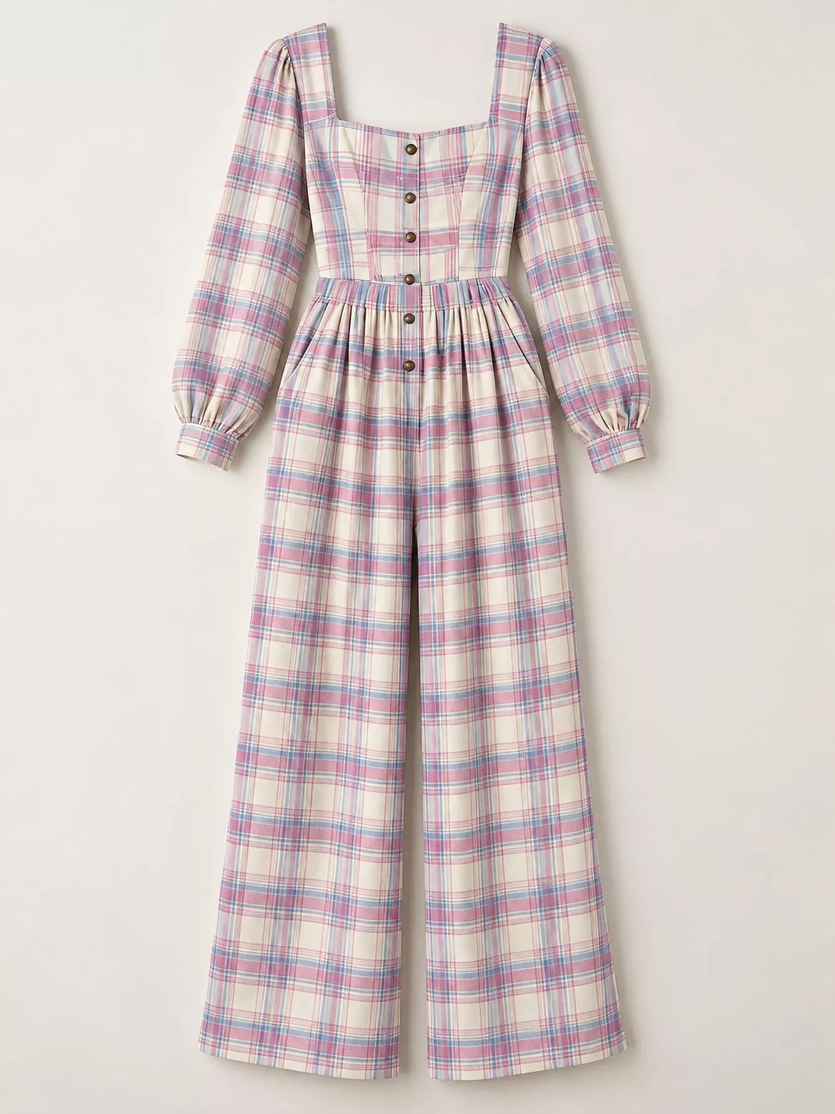 Plaid jumpsuit, purple hanging front