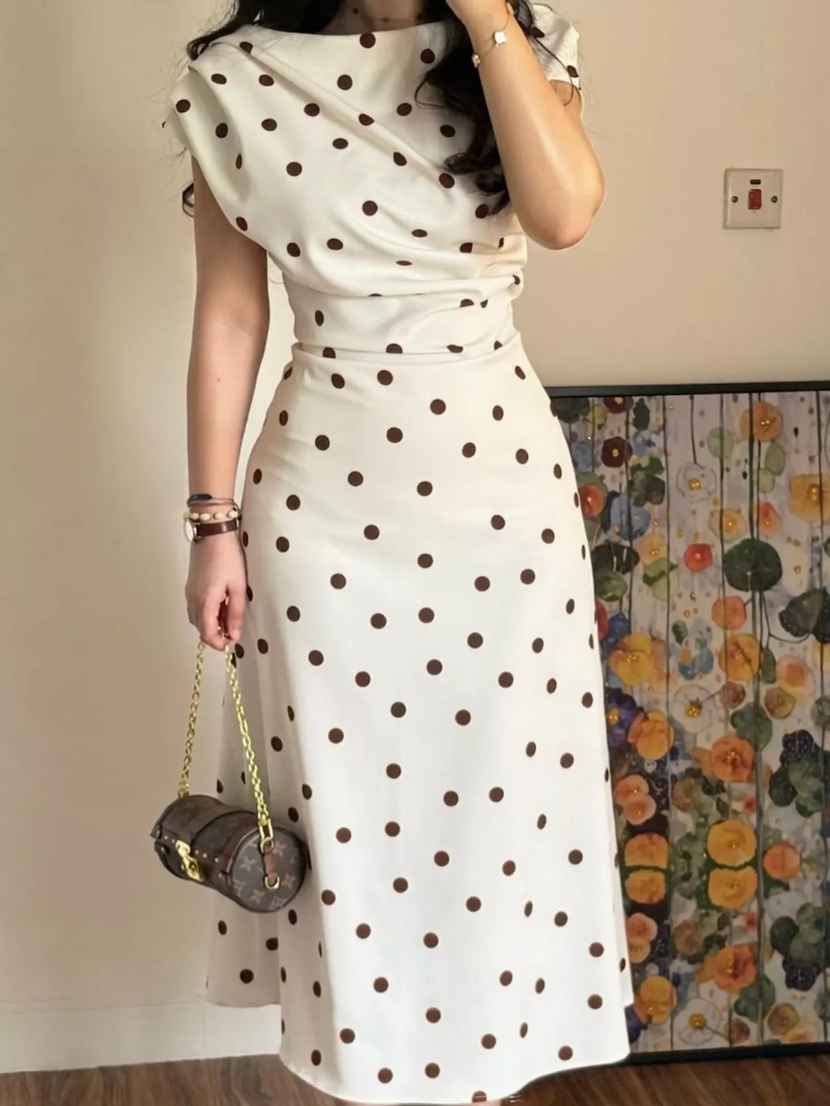Cowl neck cap sleeve midi dress, front view on model