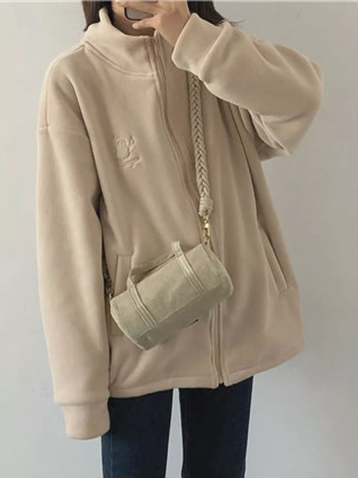 Apricot fleece stand-collar zip-up jacket