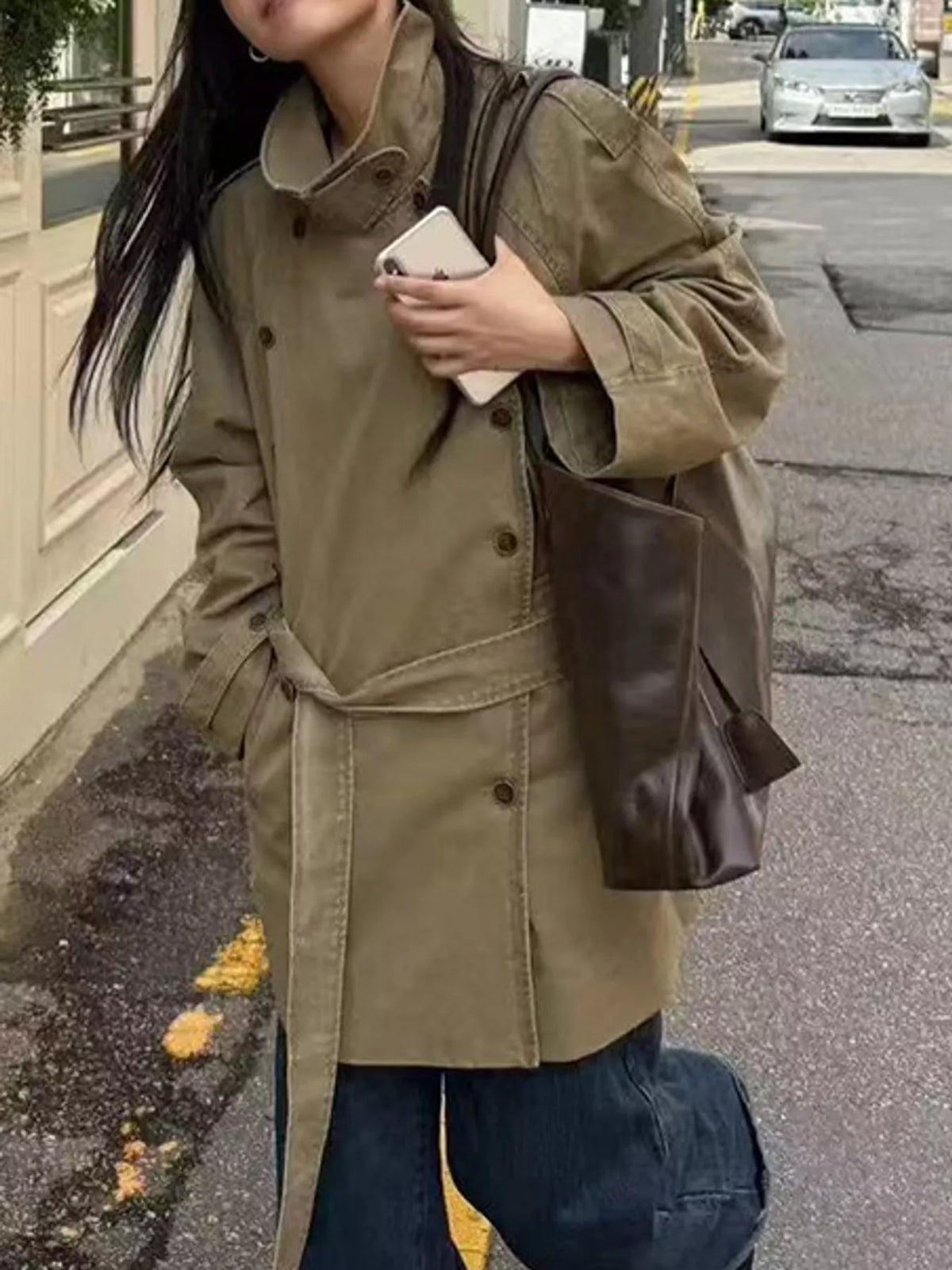 Khaki double-breasted belted cotton trench coat