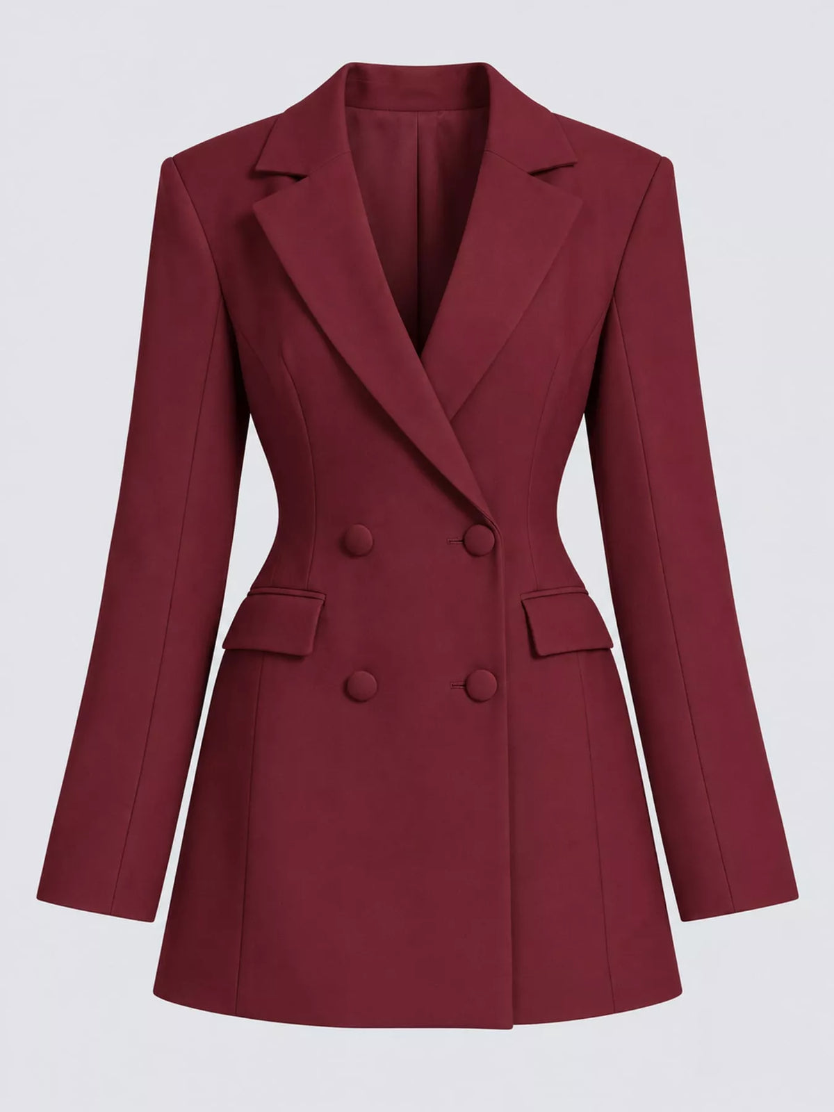Burgundy double-breasted blazer dress — front view