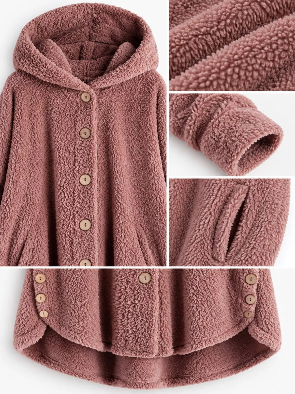 Dusty pink fleece button-up hooded jacket with curved high-low hem, construction detail collage