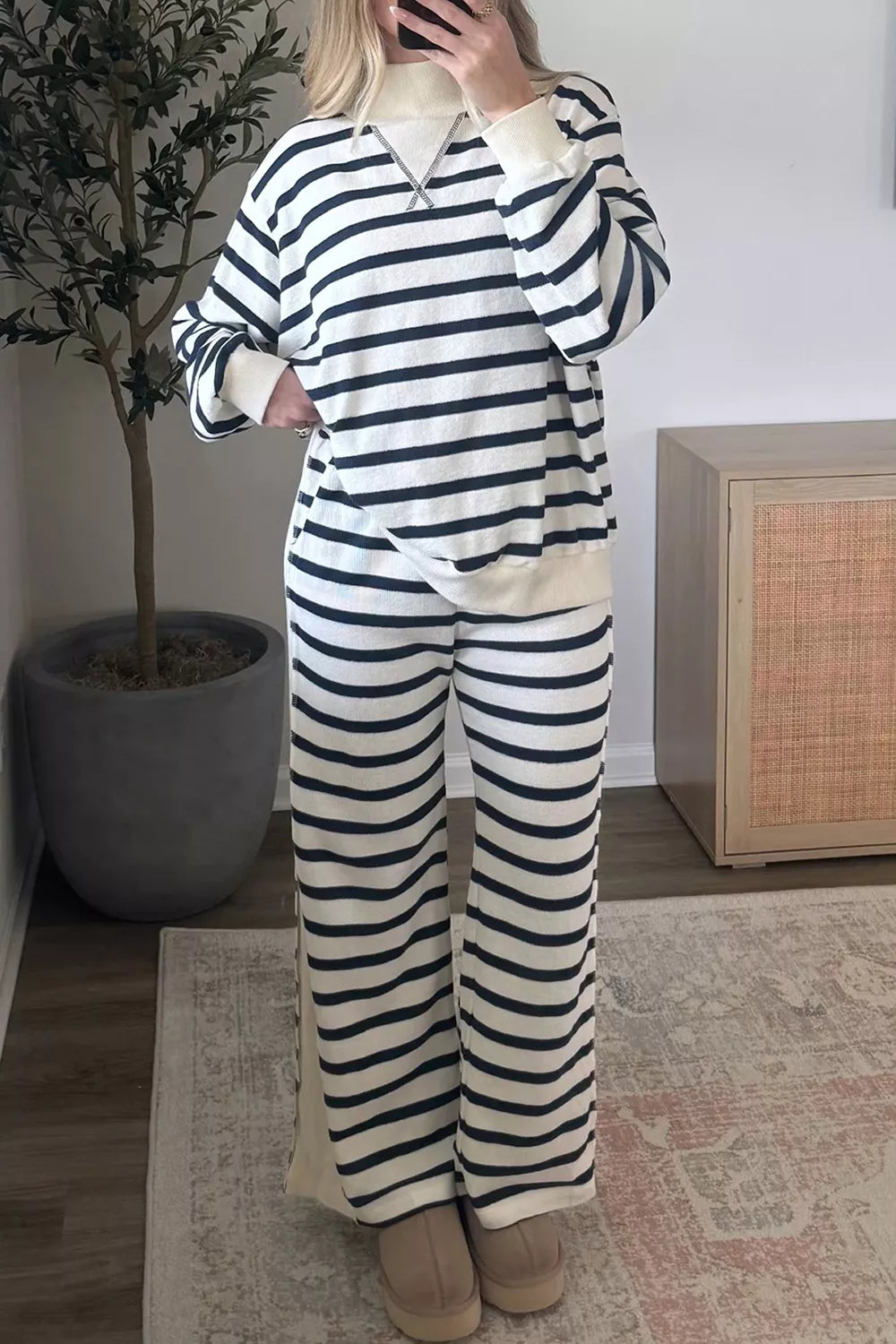 Women's Striped Long Sleeve Top and Wide-Leg Pants Set in White, front view