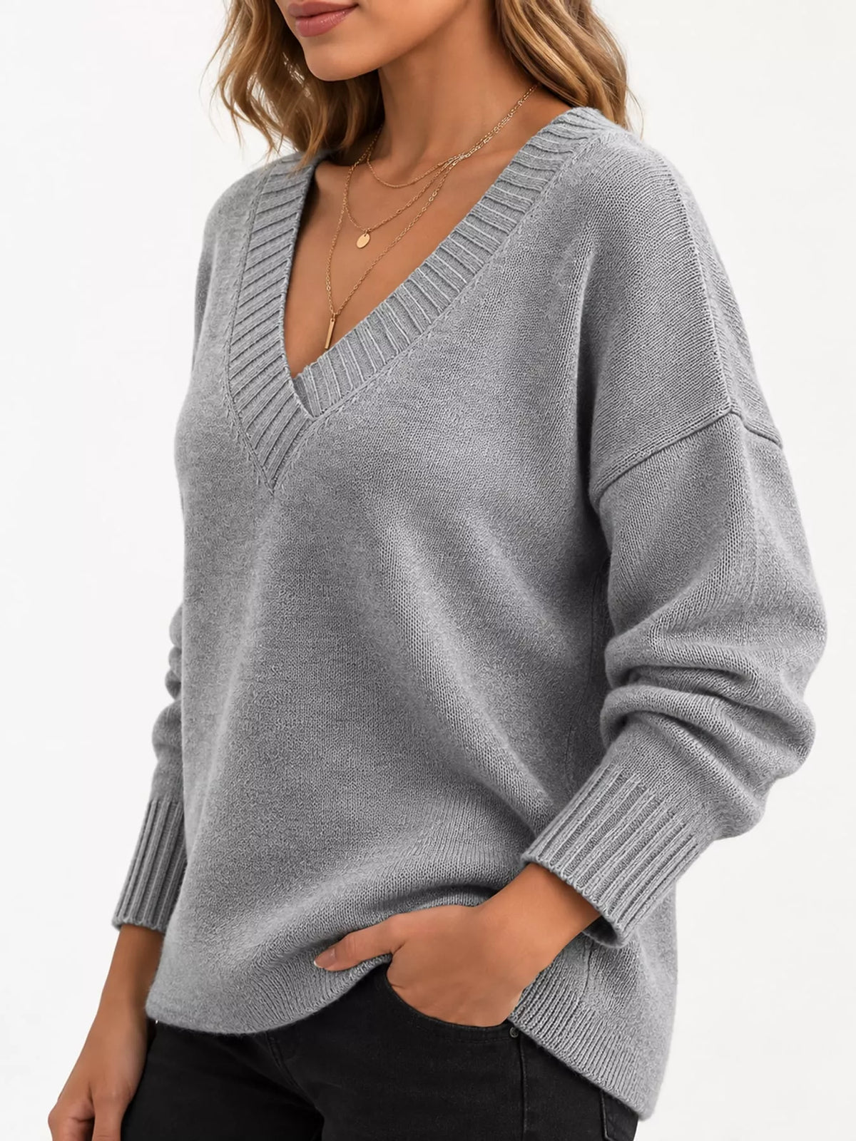 V-neck sweater, gray side