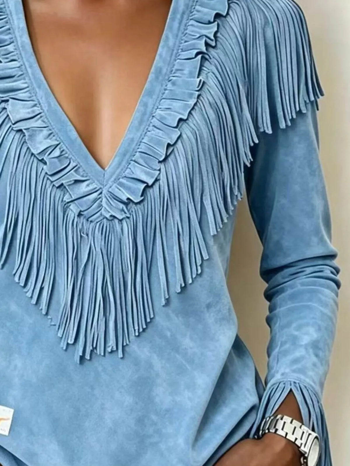 Fringed V-Neck Blouse in light blue, fringe detail
