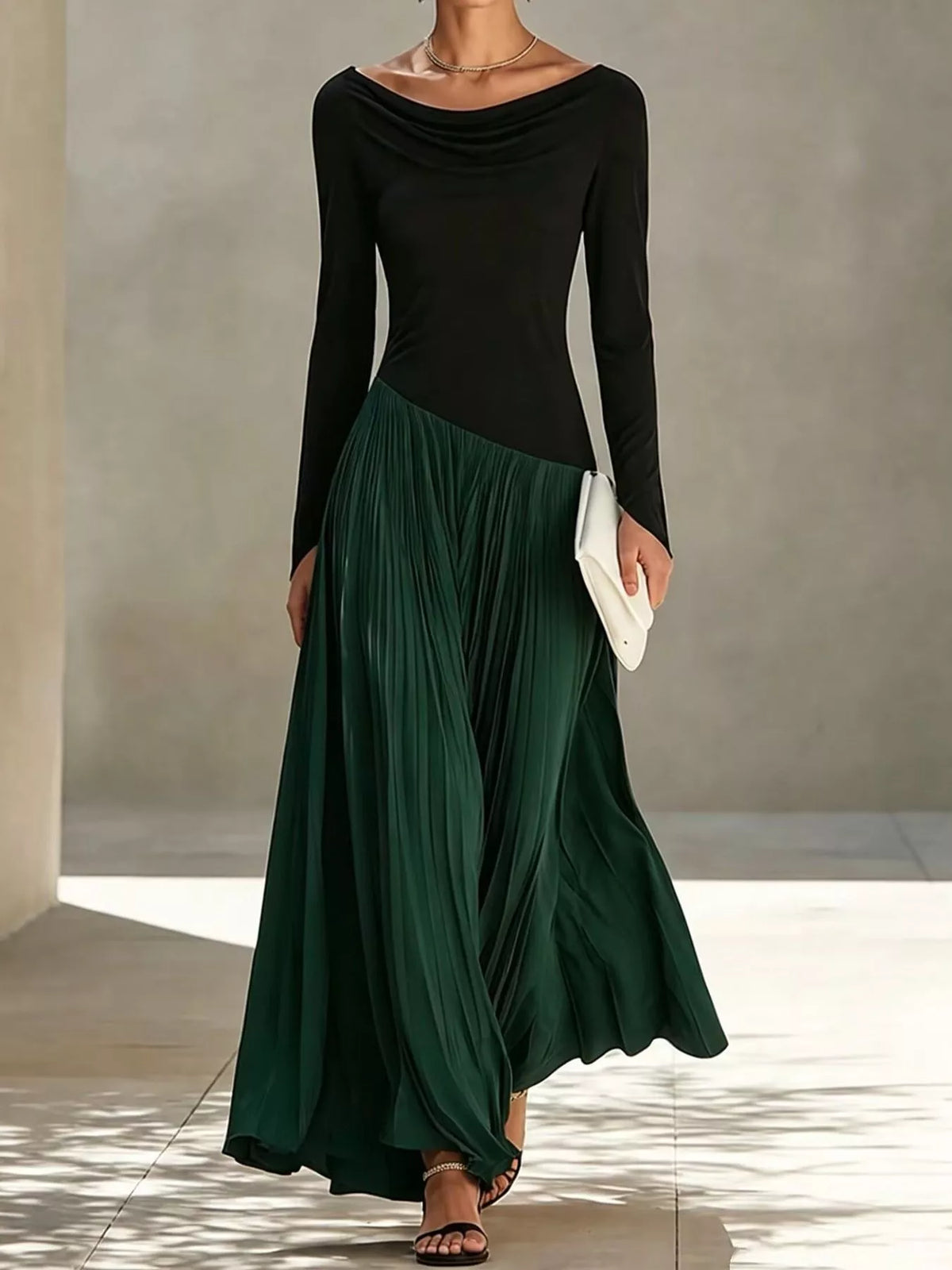 Cowl neck long sleeve maxi dress, front view on model