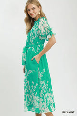 Trendsi Umgee Floral Print Tie Waist Midi Dress with Side Pockets -
