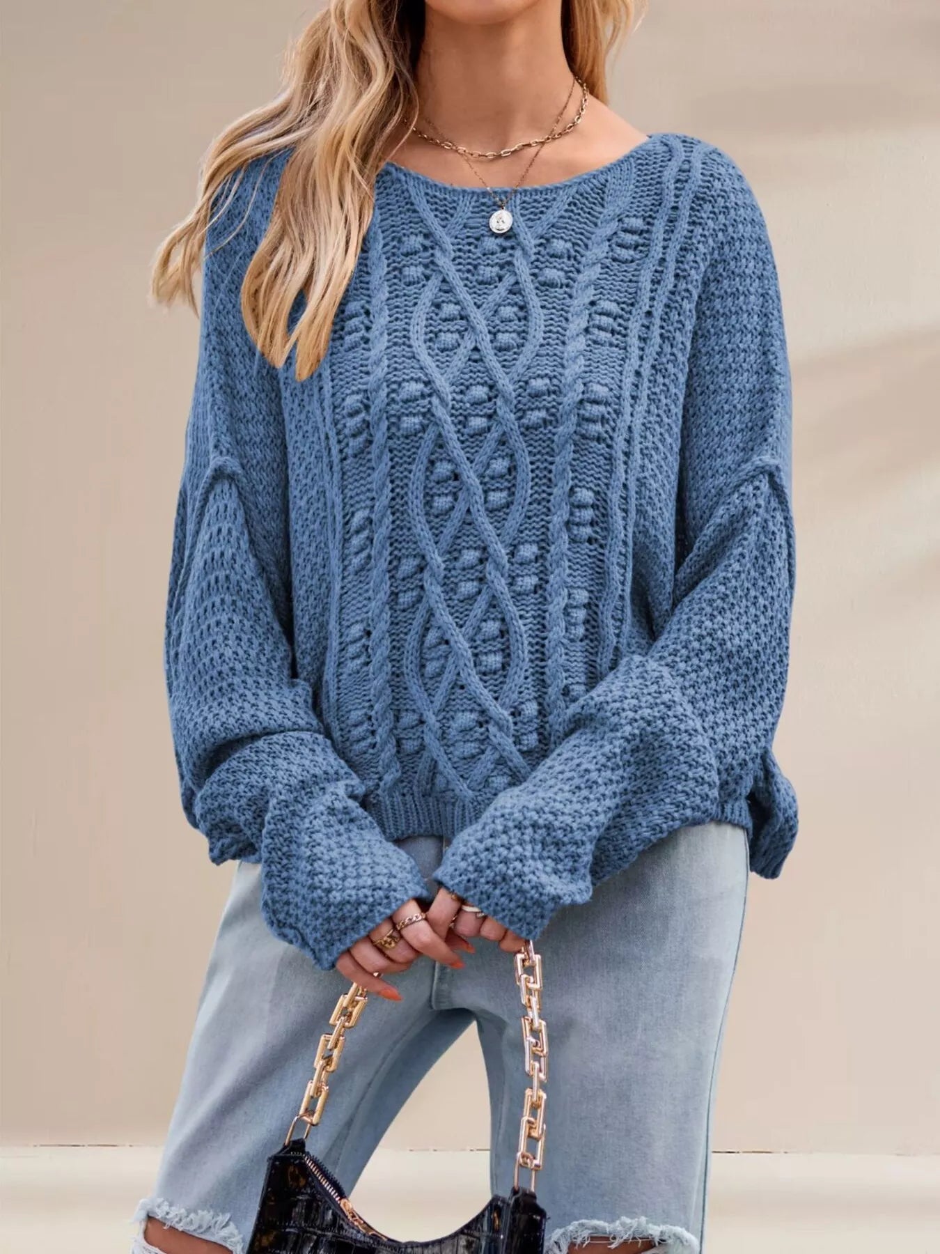Trendsi Cable Knit Dropped Shoulder Sweater -