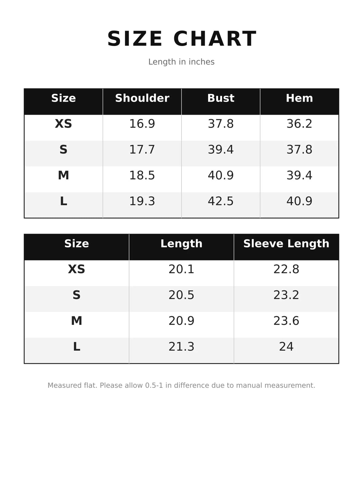 Snap-Front Cropped Jacket — size and measurement chart