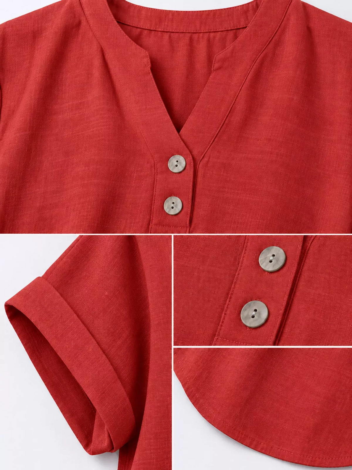 Red button detail short sleeve blouse, detail view