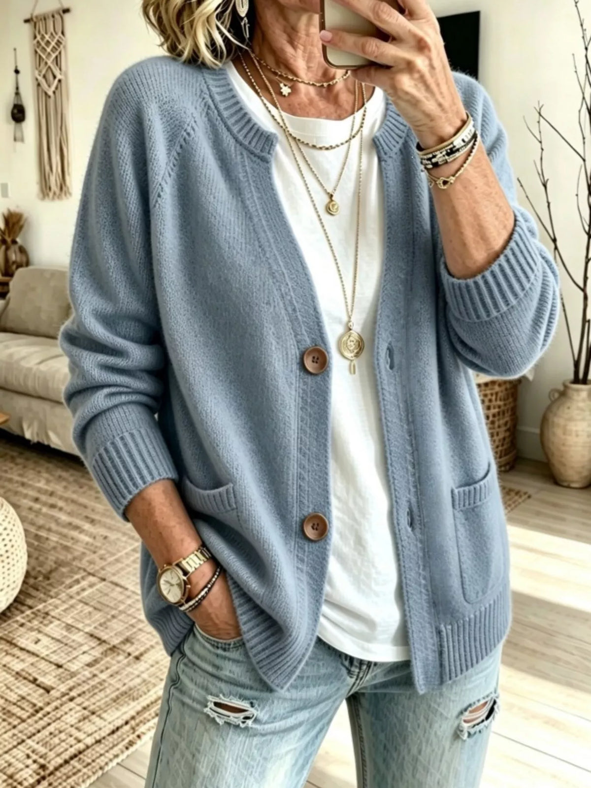 Women's Button Up Raglan Sleeve Cardigan in Sky Blue, front view