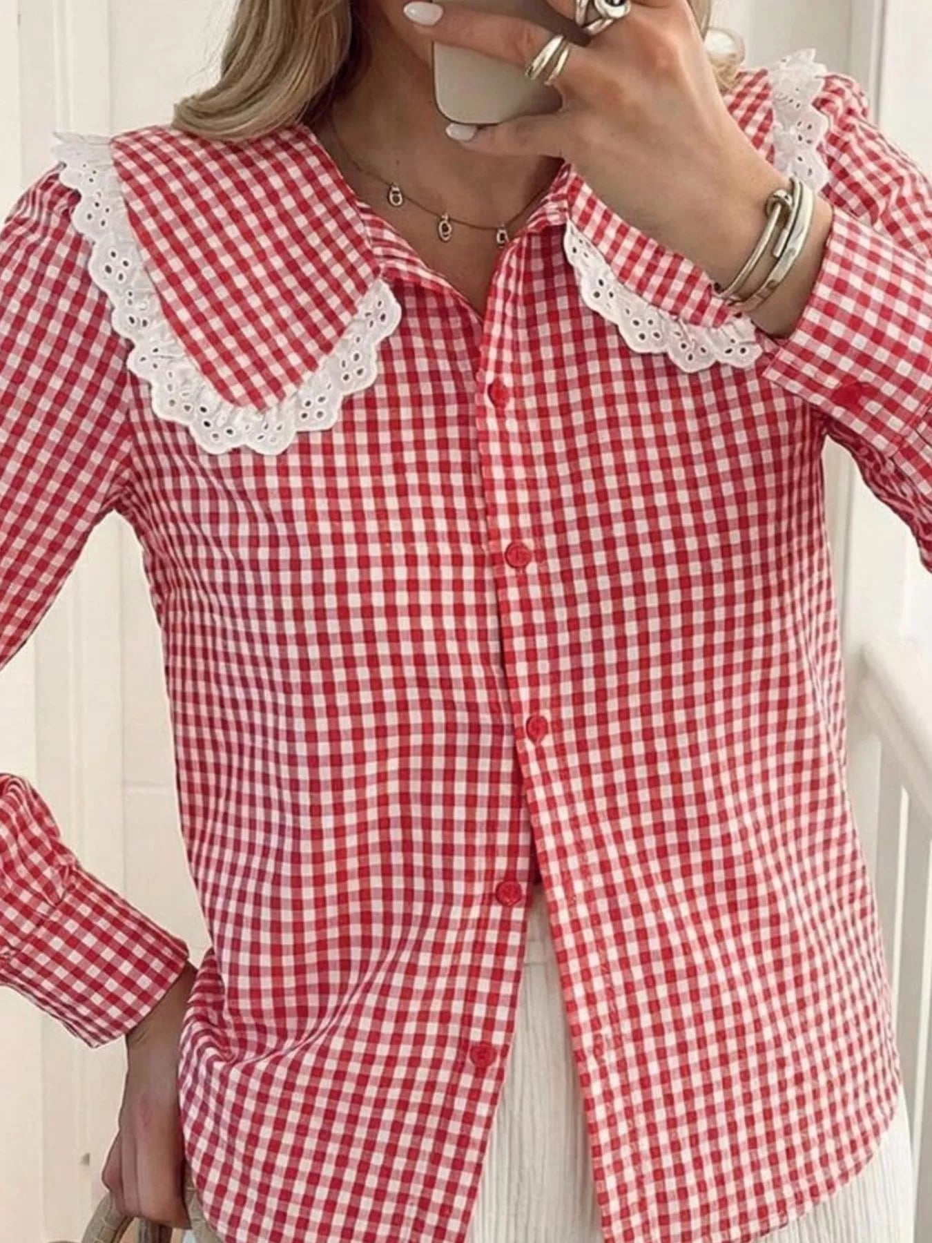 Trendsi Lace Peter Pan Collar Button Up Shirt -