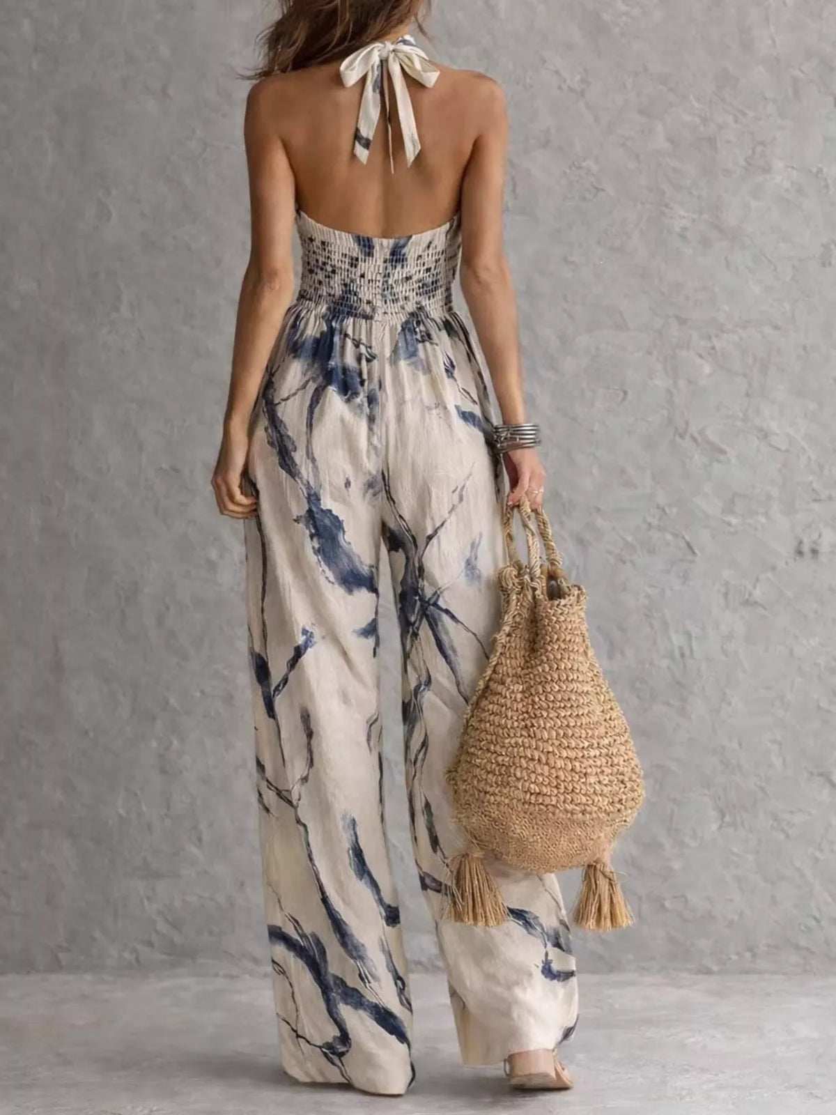 Navy Ink Wash Print Halter Neck Wide-Leg Jumpsuit detail view