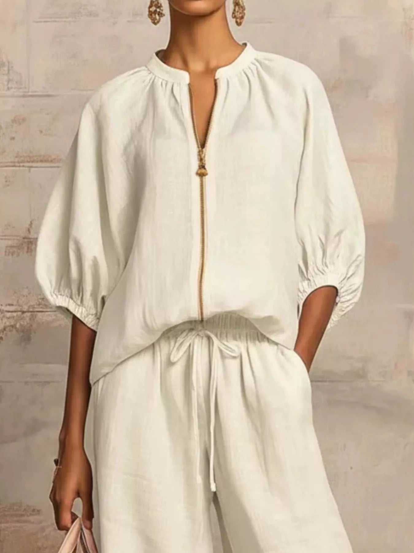 Zip-front top and wide-leg pants set
