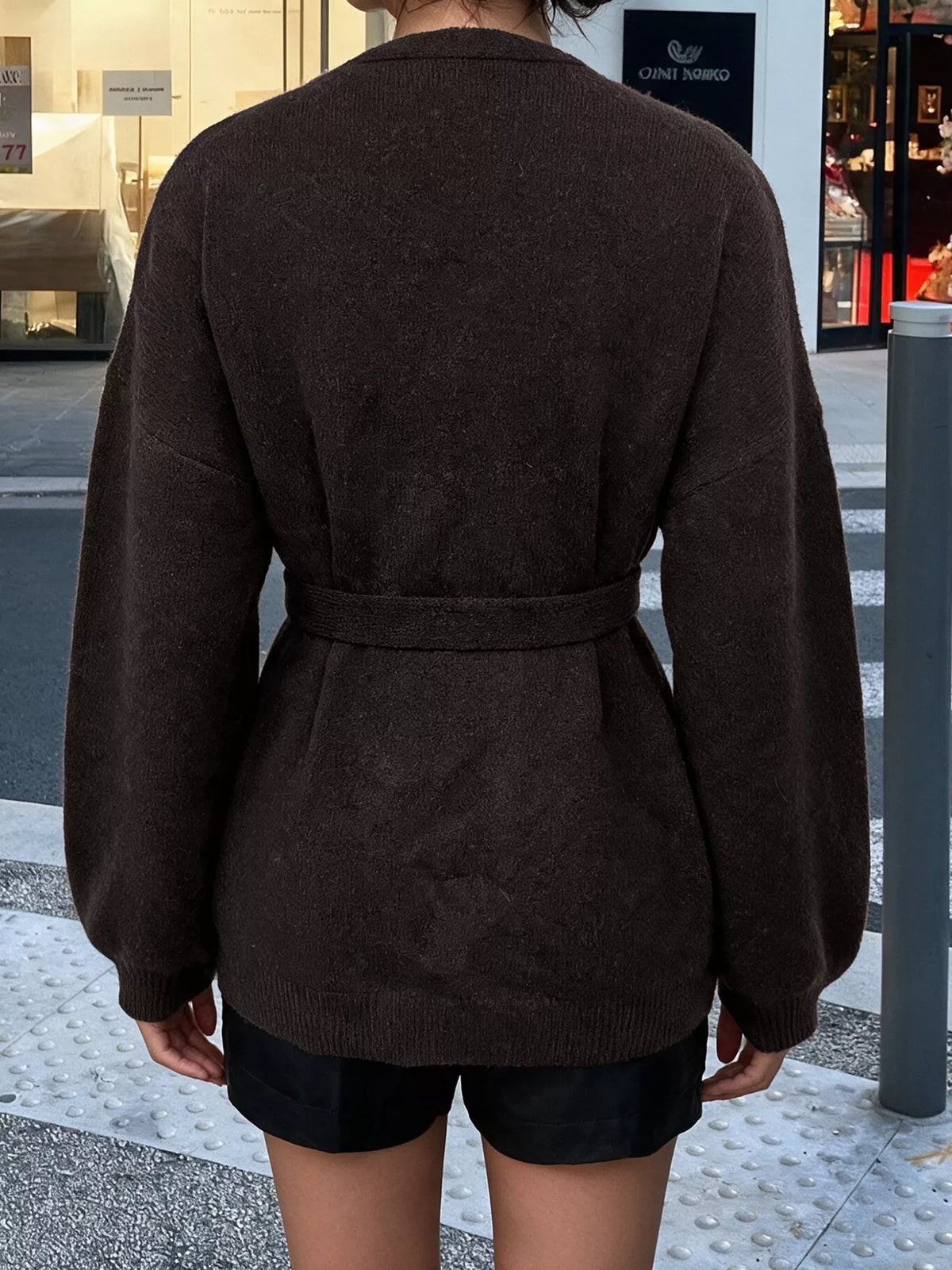 Tie waist dropped shoulder wrap cardigan