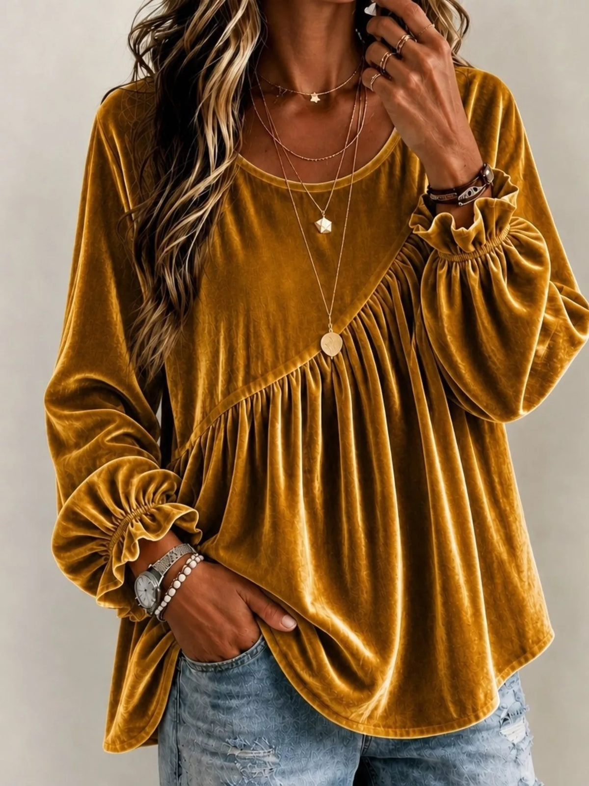 Trendsi Full Size Velvet Round Neck Long Sleeve Blouse Plus Size -