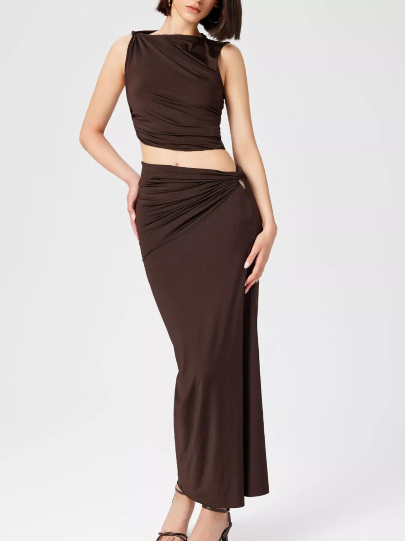 Trendsi Asymmetrical Ruched Knit Top and Skirt Set - Shirts