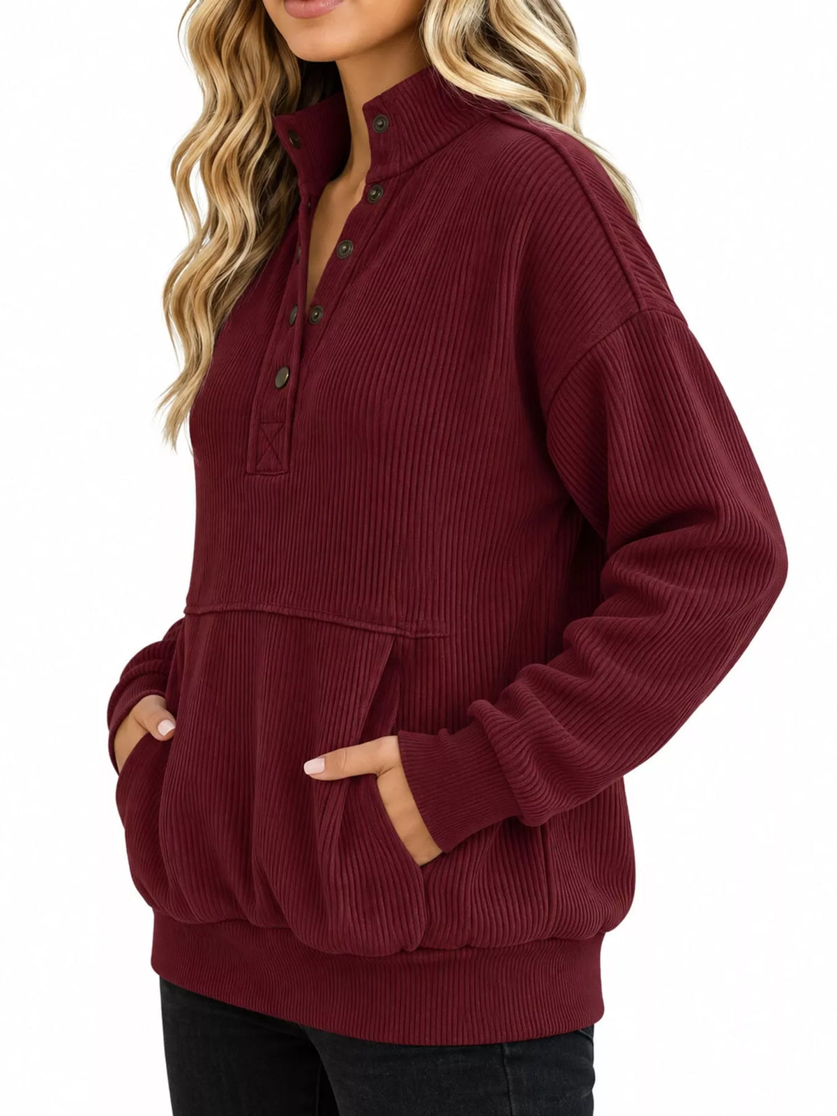 Quarter-snap sweatshirt, burgundy side