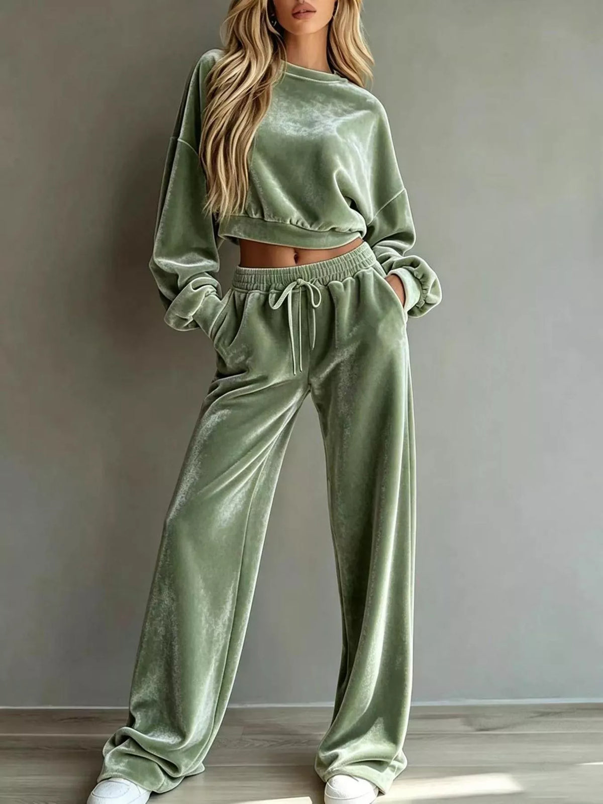 Sage Cropped Sweatshirt & Wide-Leg Pants Set front view