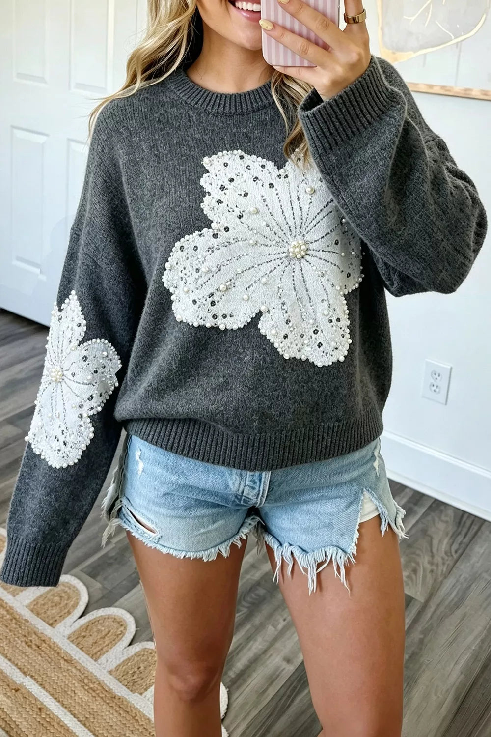 Pearl Embellished Floral Drop-Shoulder Sweater in Dark Gray
