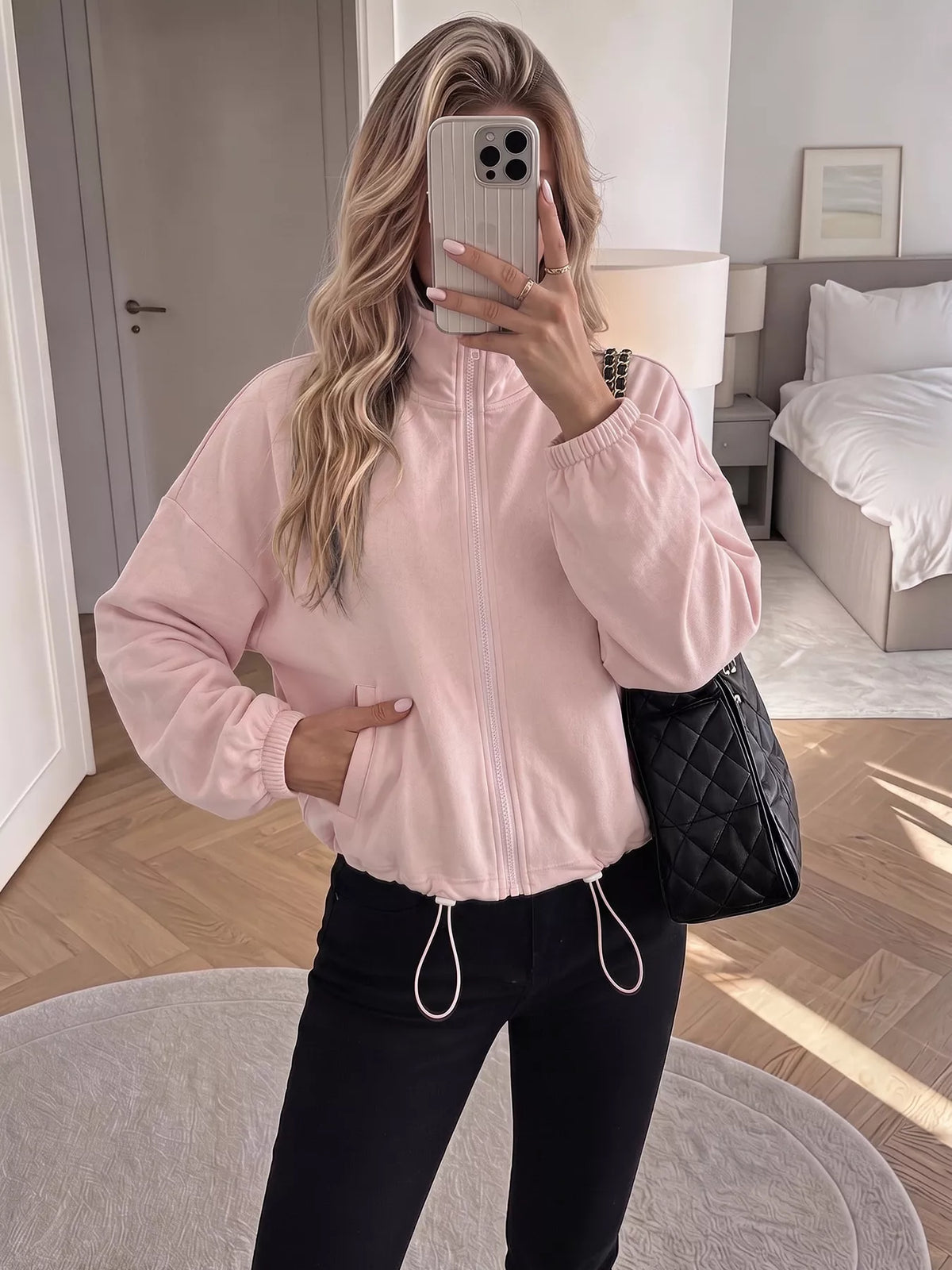 Zip-Up Drawstring Hem Sweatshirt — front view