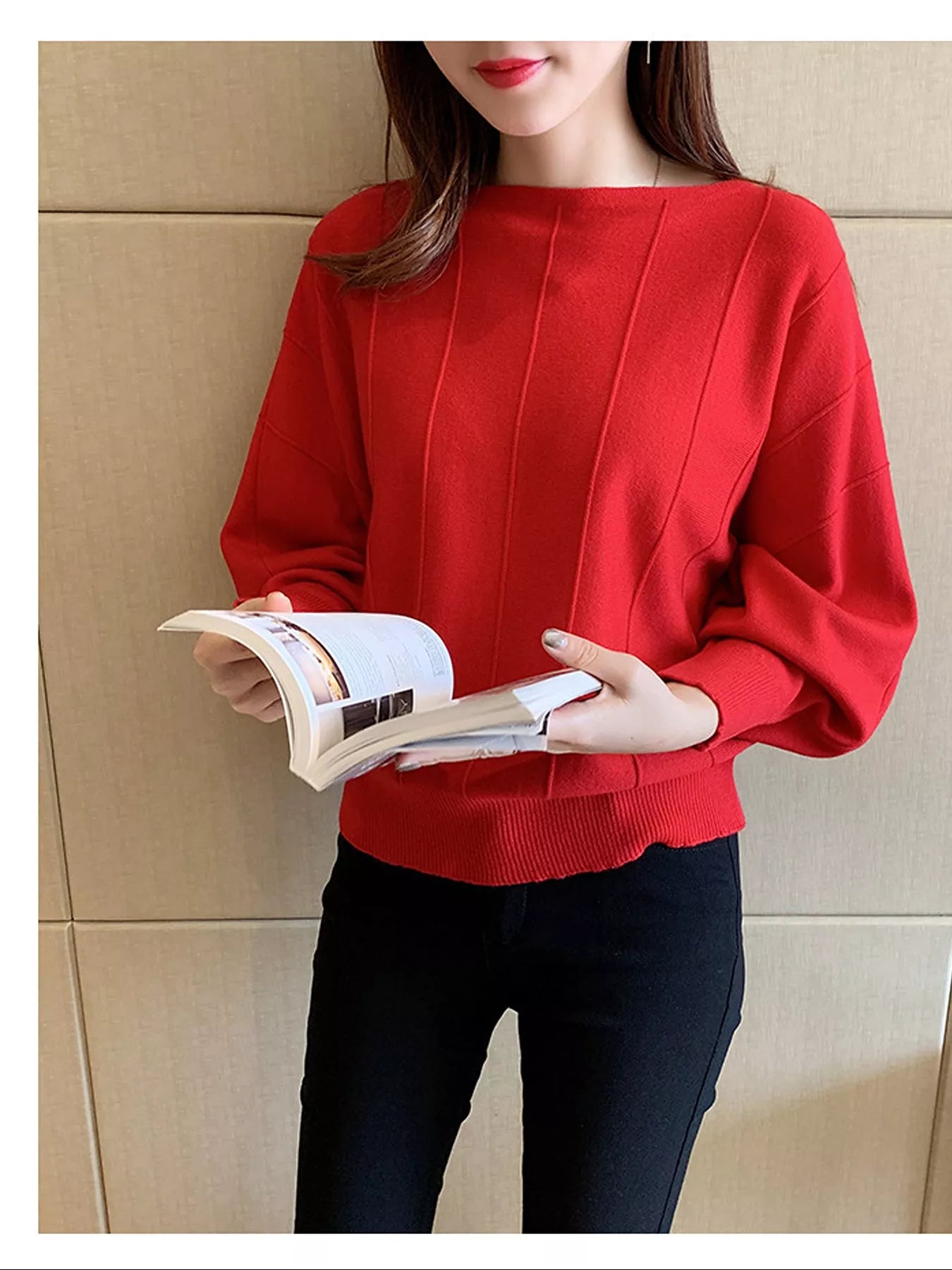 Trendsi Ribbed Hem Batwing Sleeve Knit Top -