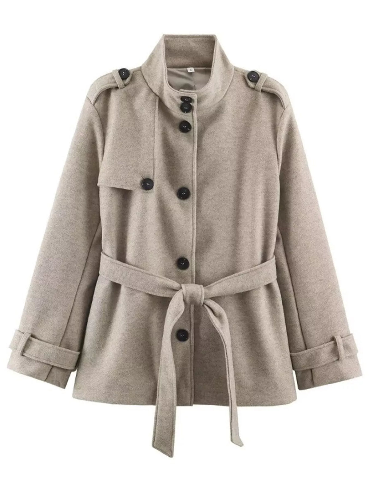 Stand-Collar Belted Button-Down Jacket — garment front