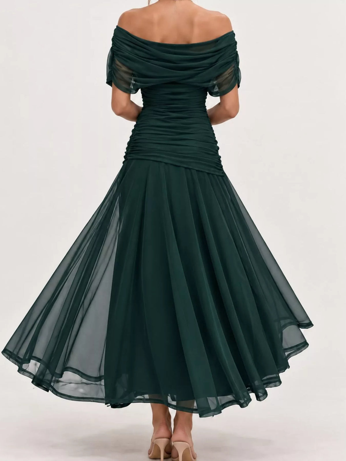 Green off shoulder ruched tulle evening dress, back view