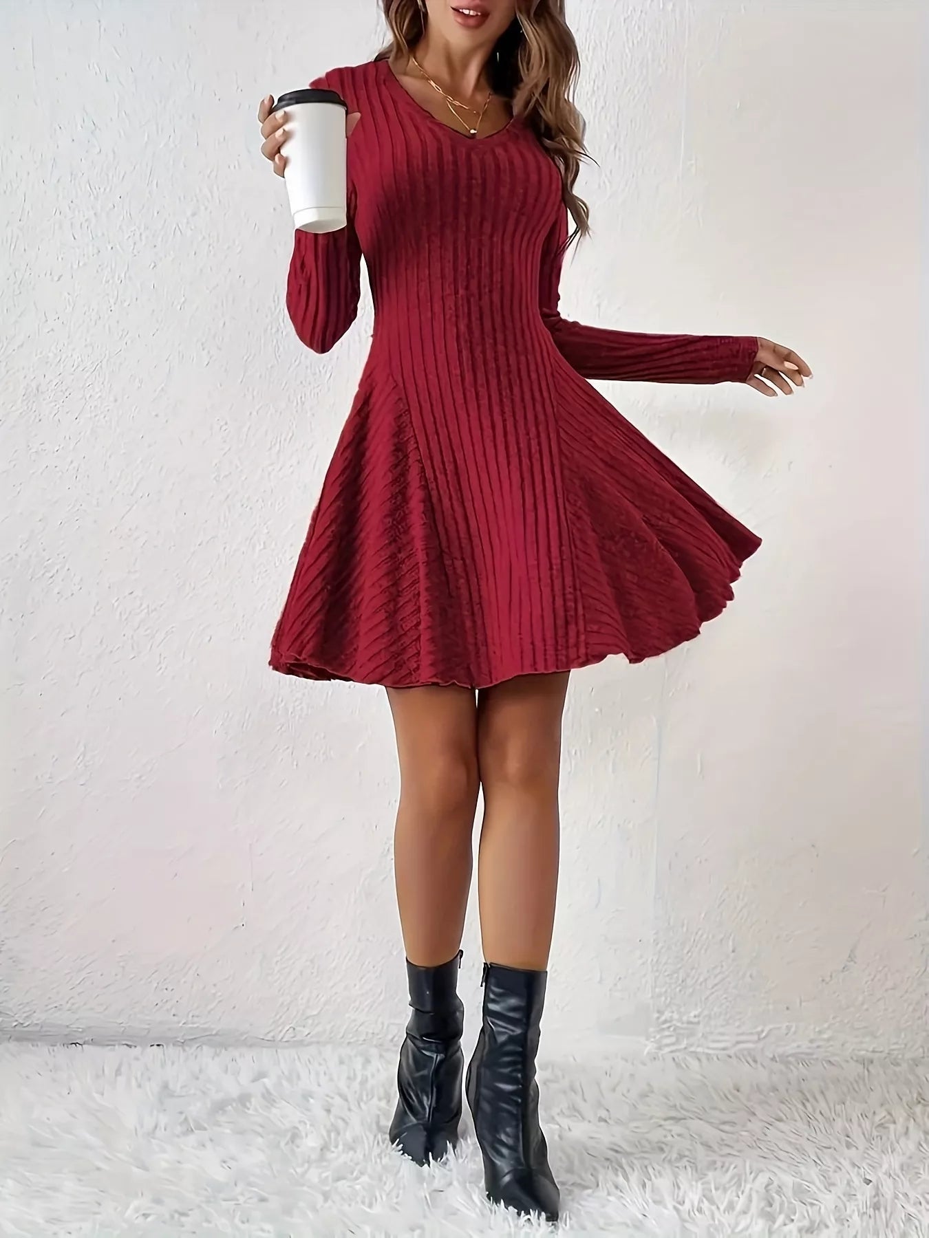 Trendsi V-Neck Ribbed Knit Flared Knit Dress -