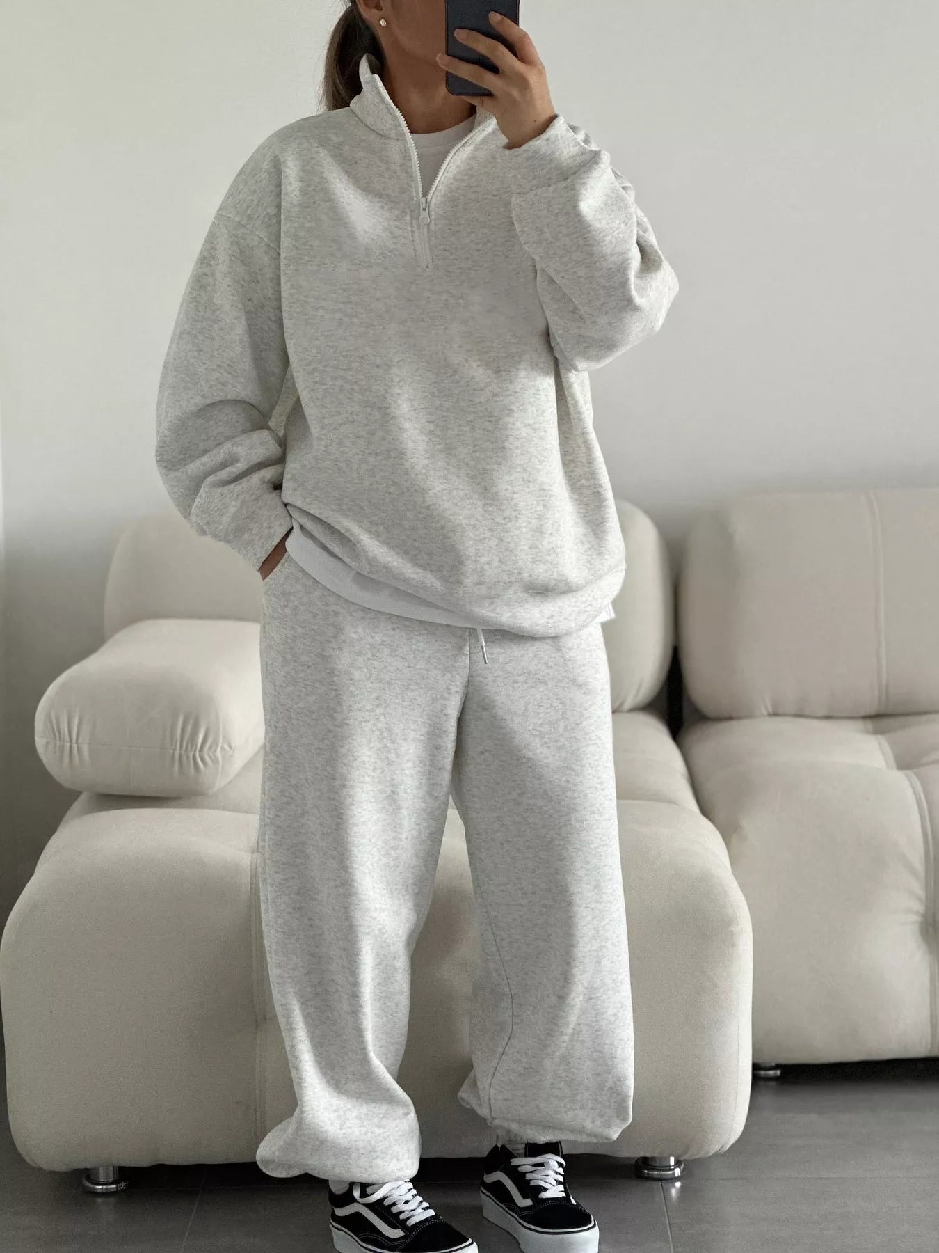 Trendsi Quarter-Zip Top and Wide-Leg Sweatpants Set -